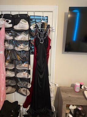 Masquerade Black and Burgundy Beaded Prom Dress